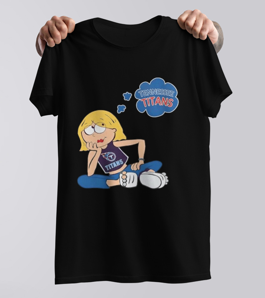 Tennessee Titans Blonde Cartoon Girl Sitting Thinking Thought Bubble Titans T-Shirt