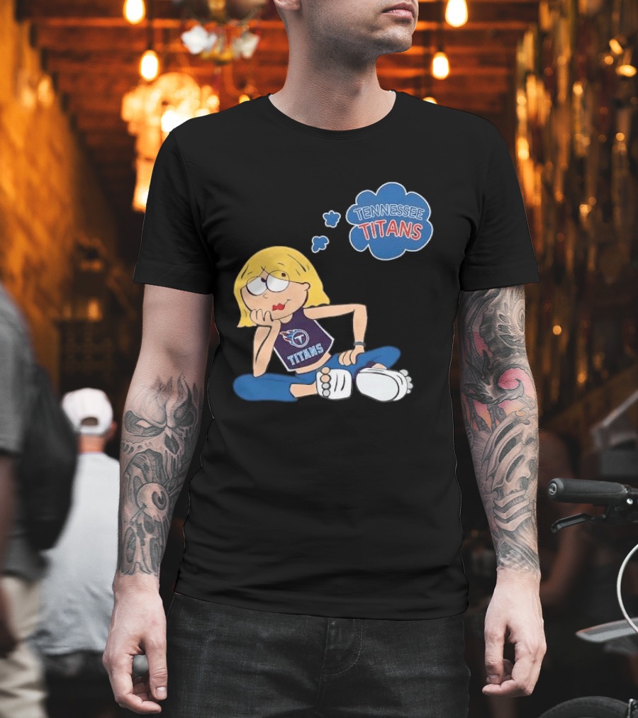 Tennessee Titans Blonde Cartoon Girl Sitting Thinking Thought Bubble Titans T-Shirt