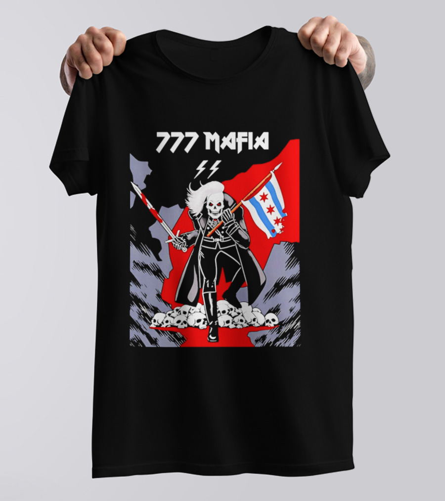 777 Mafia Chicago Flag Skeleton Skull T-Shirt