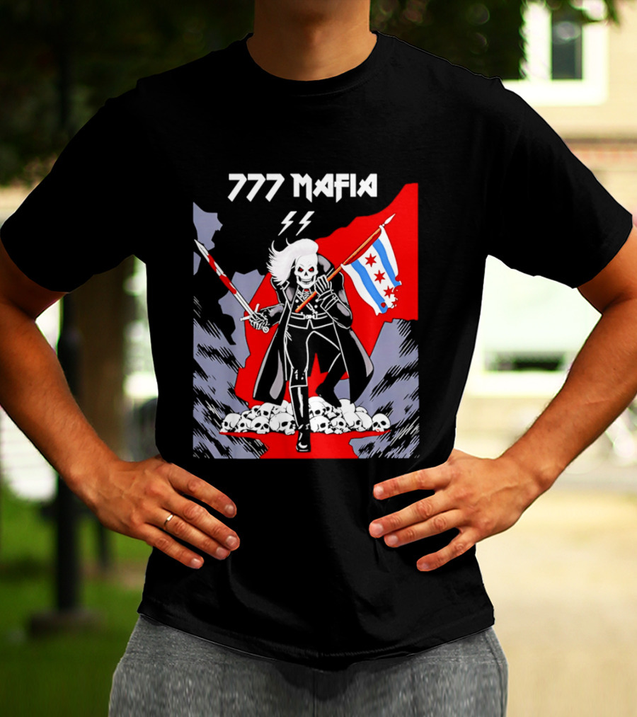 777 Mafia Chicago Flag Skeleton Skull T-Shirt