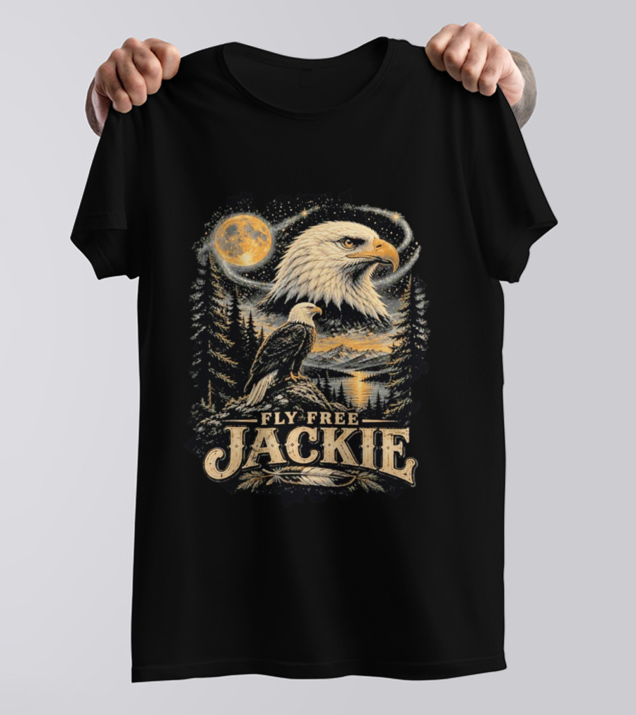 Fly Free Jackie Bald Eagle Scenic Tribute Moonlit Forest Landscape T-Shirt