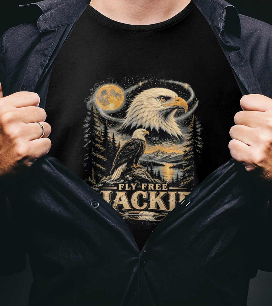 Fly Free Jackie Bald Eagle Scenic Tribute Moonlit Forest Landscape T-Shirt