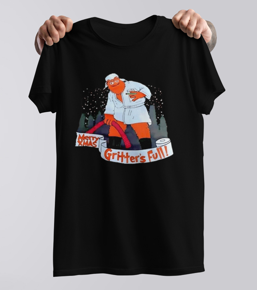 Merry Xmas Gritters Full Cartoon Orange Bathrobe Holding Hose T-Shirt