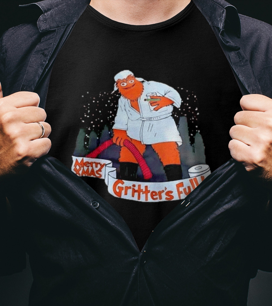 Merry Xmas Gritters Full Cartoon Orange Bathrobe Holding Hose T-Shirt