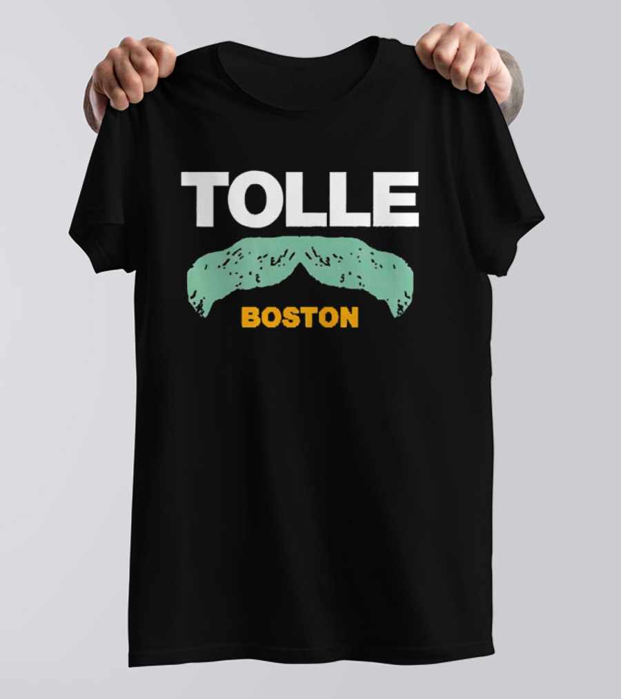 Tolle Boston White And Yellow Distressed Green Mustache T-Shirt