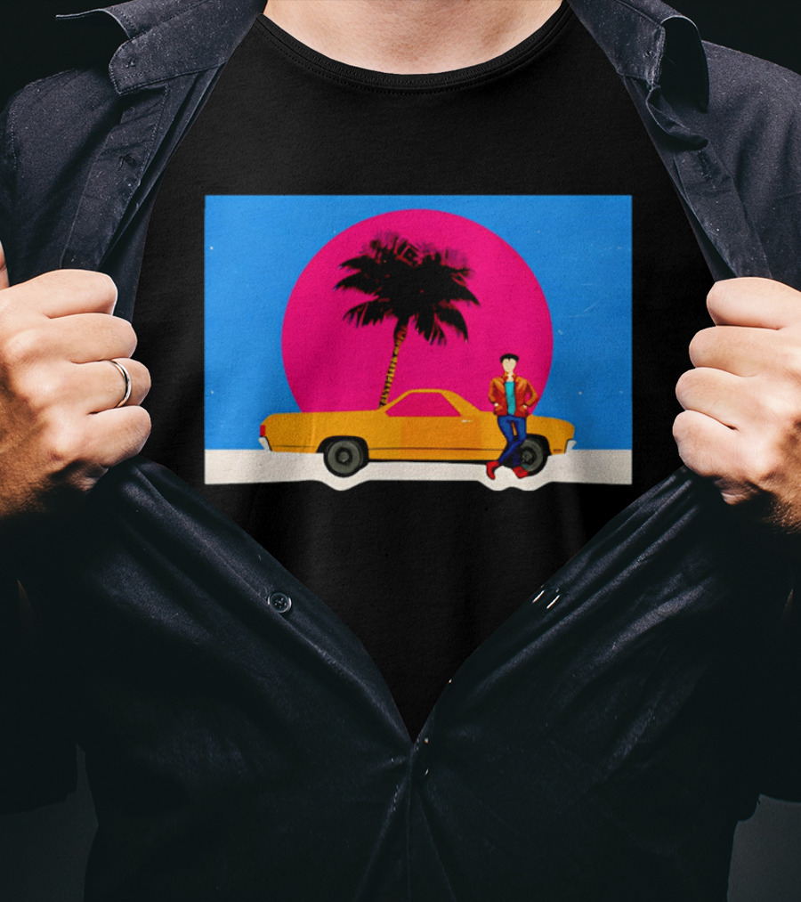 Yellow Car Palm Tree Retro Sunset Aesthetic T-Shirt