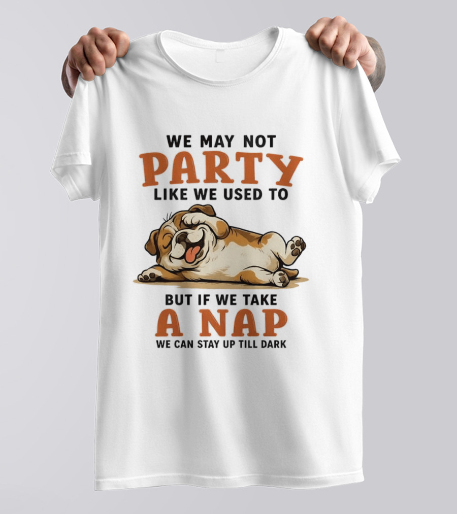 We May Not Party Like We Used To But If We Take A Nap We Can Stay Up Till Dark Cartoon Bulldog Lying Down T-Shirt