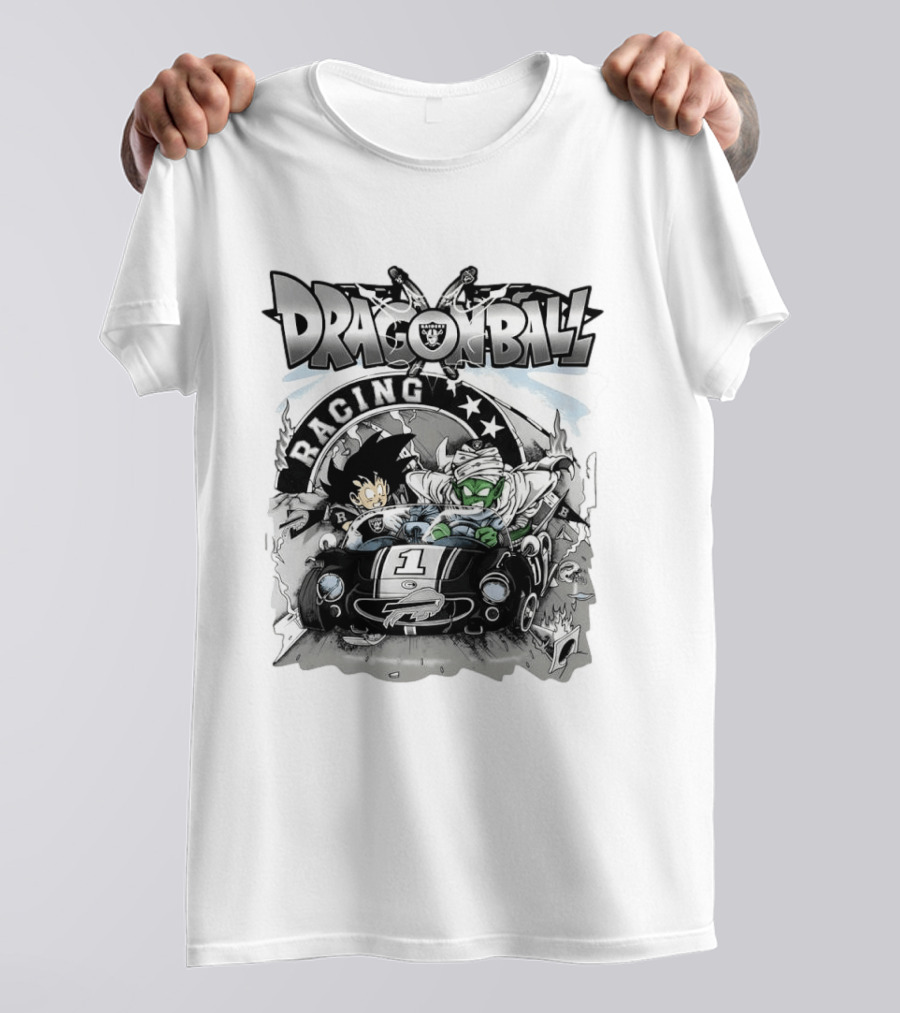 Las Vegas Raiders Dragon Ball Racing Goku Piccolo Driving Black Car Cartoon Raiders NFL T-Shirt