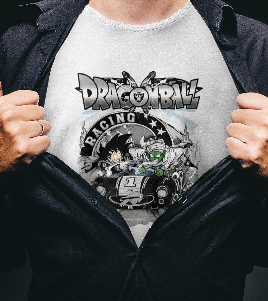 Las Vegas Raiders Dragon Ball Racing Goku Piccolo Driving Black Car Cartoon Raiders NFL T-Shirt