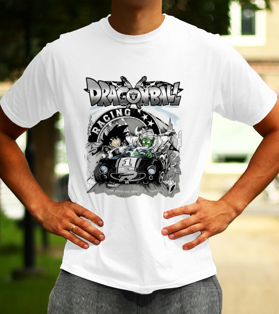 Las Vegas Raiders Dragon Ball Racing Goku Piccolo Driving Black Car Cartoon Raiders NFL T-Shirt
