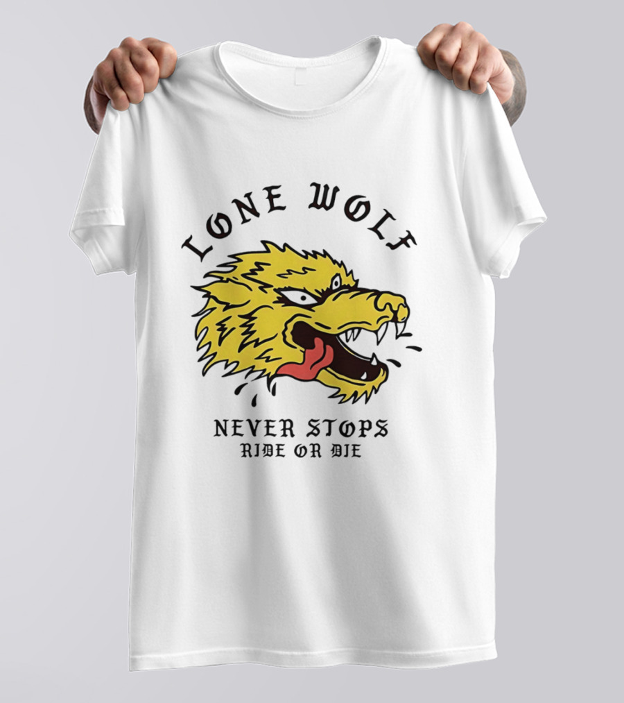 Lone Wolf Never Stops Ride Or Die Fierce Yellow Wolf Head T-Shirt