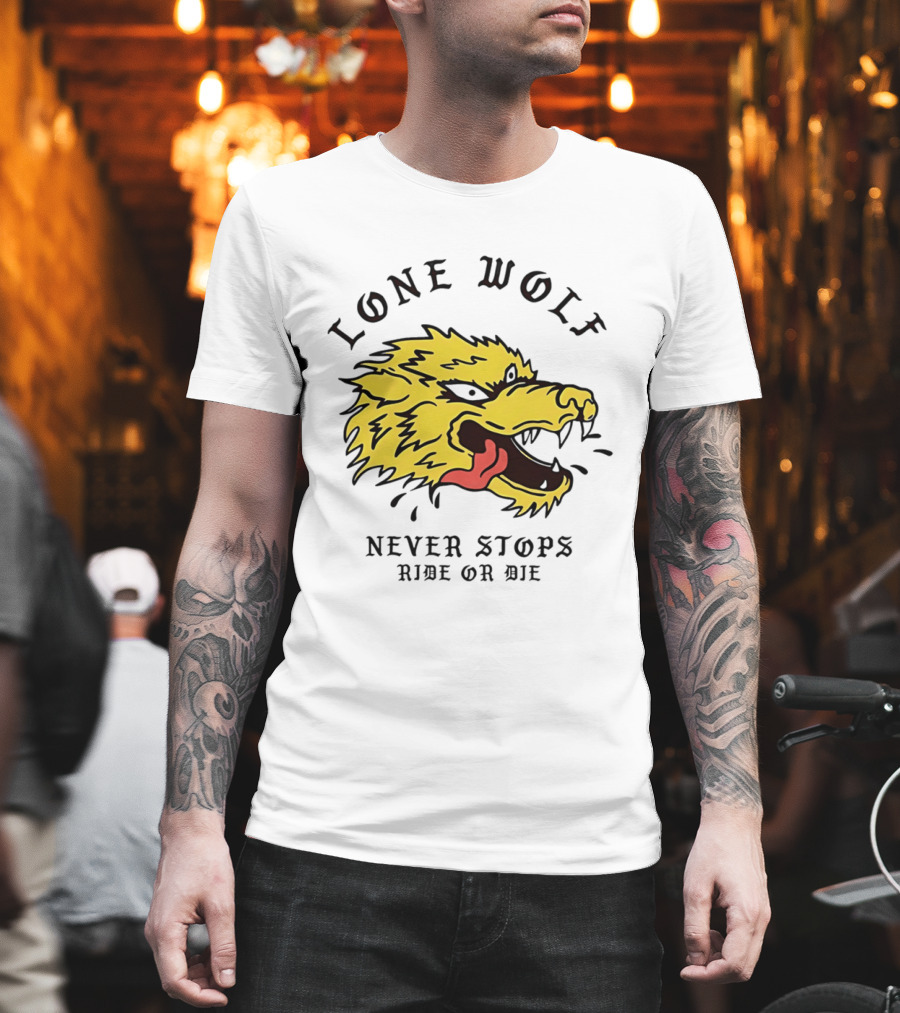 Lone Wolf Never Stops Ride Or Die Fierce Yellow Wolf Head T-Shirt