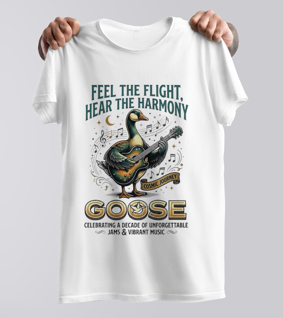 Goose Feel The Flight Hear The Harmony Cosmic Journey Celebrating A Decade Of Unforgettable Jams And Vibrant Music Moon Guitar Notes T-Shirt