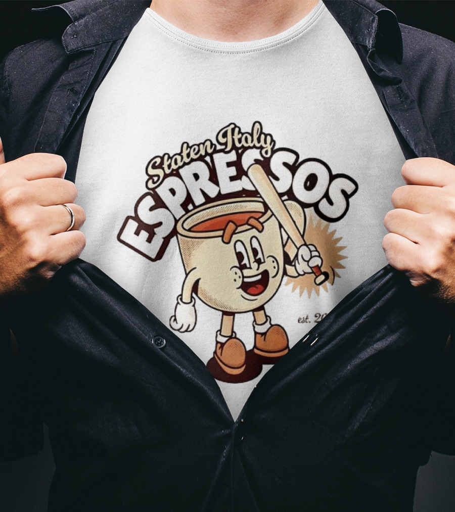 Staten Italy Espressos Est 2026 Cartoon Coffee Cup With Baseball Bat T-Shirt