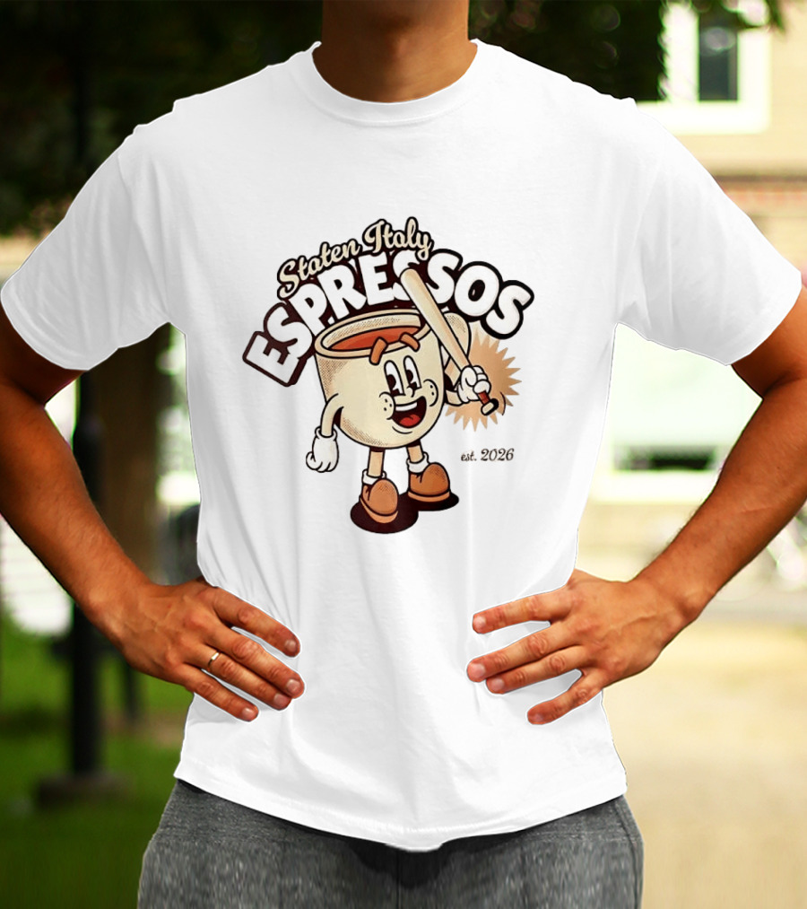 Staten Italy Espressos Est 2026 Cartoon Coffee Cup With Baseball Bat T-Shirt