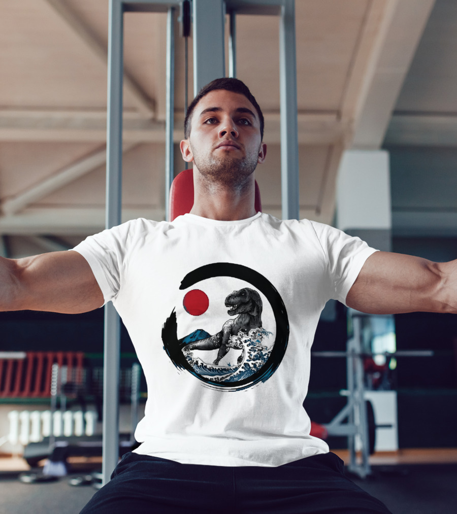 Tyrannosaurus Rex Riding Great Wave With Mount Fuji Enso And Red Sun T-Shirt