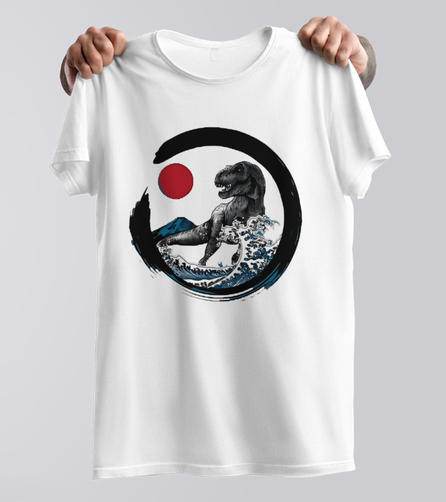 Tyrannosaurus Rex Riding Great Wave With Mount Fuji Enso And Red Sun T-Shirt