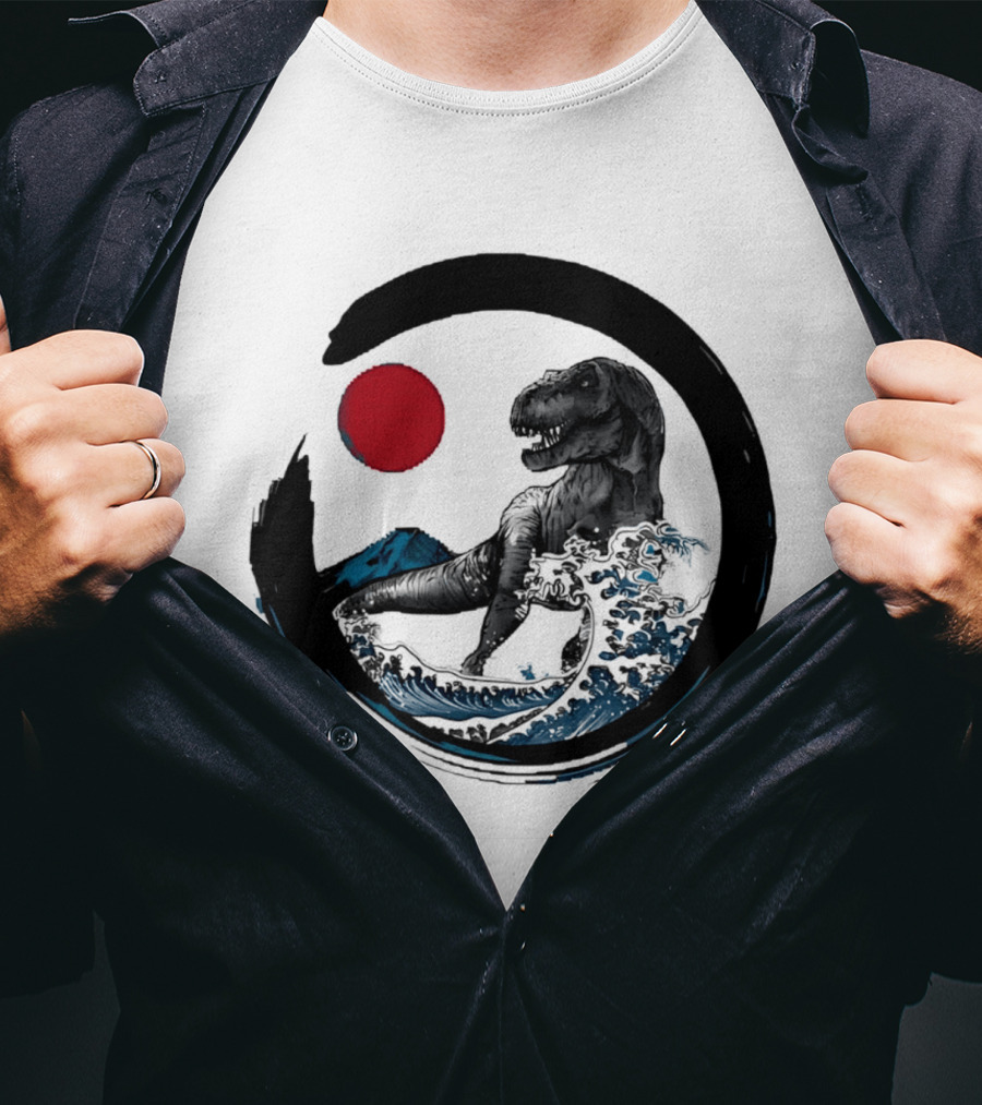 Tyrannosaurus Rex Riding Great Wave With Mount Fuji Enso And Red Sun T-Shirt