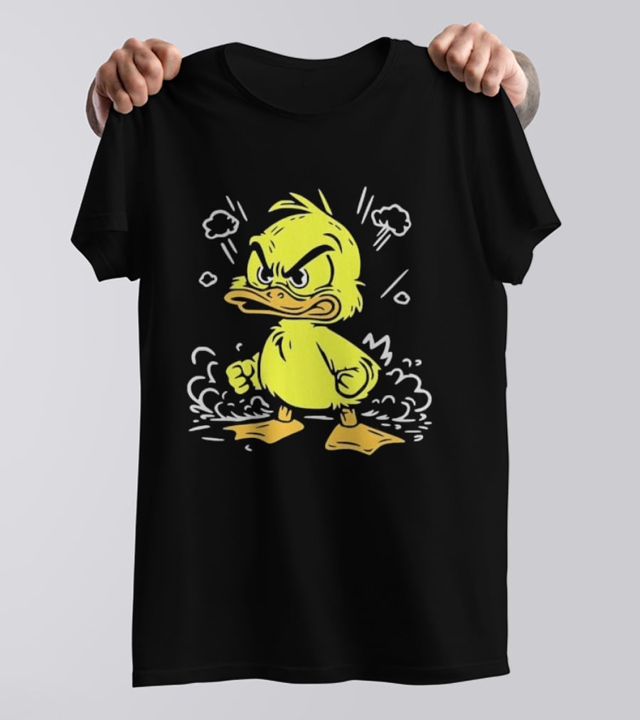 Angry Yellow Duckling Clenched Fists Smoke Clouds Cartoon Line T-Shirt