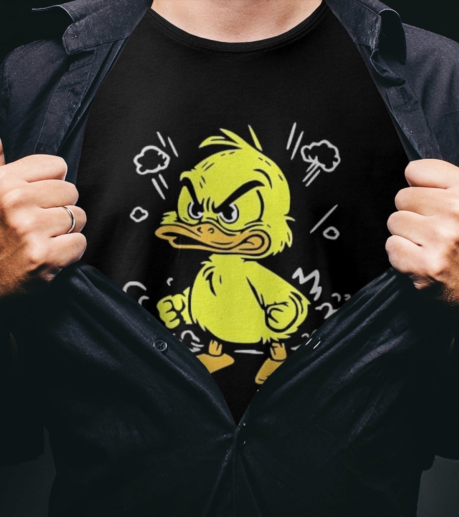 Angry Yellow Duckling Clenched Fists Smoke Clouds Cartoon Line T-Shirt