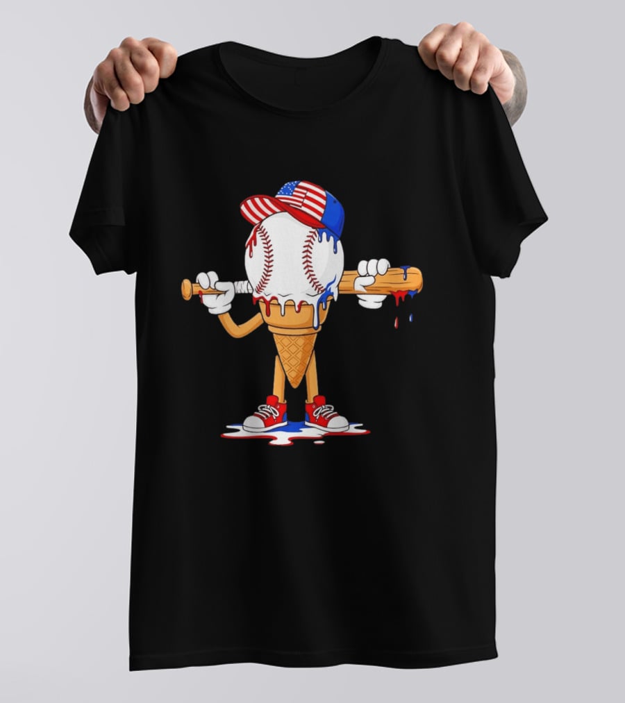 Patriotic Ice Cream Baseball Cone USA Flag Cap And Bat T-Shirt