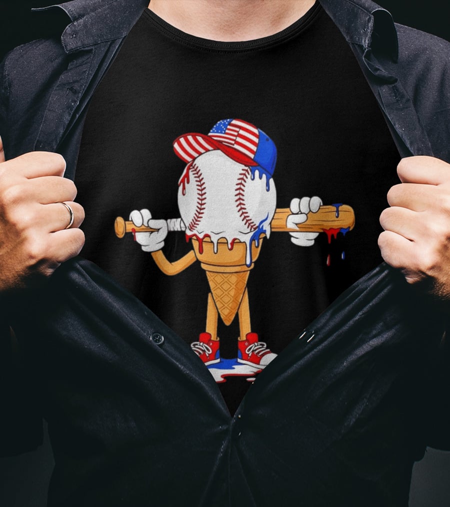 Patriotic Ice Cream Baseball Cone USA Flag Cap And Bat T-Shirt