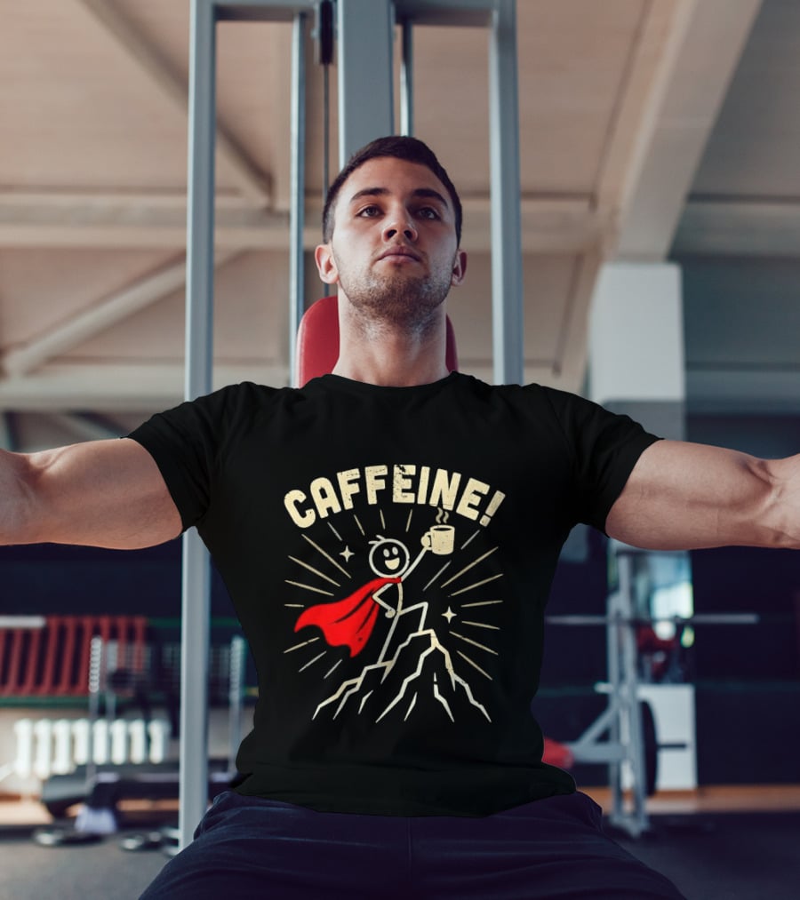 Caffeine Distressed Stick Figure Superhero Holding Coffee On Mountain Peak T-Shirt