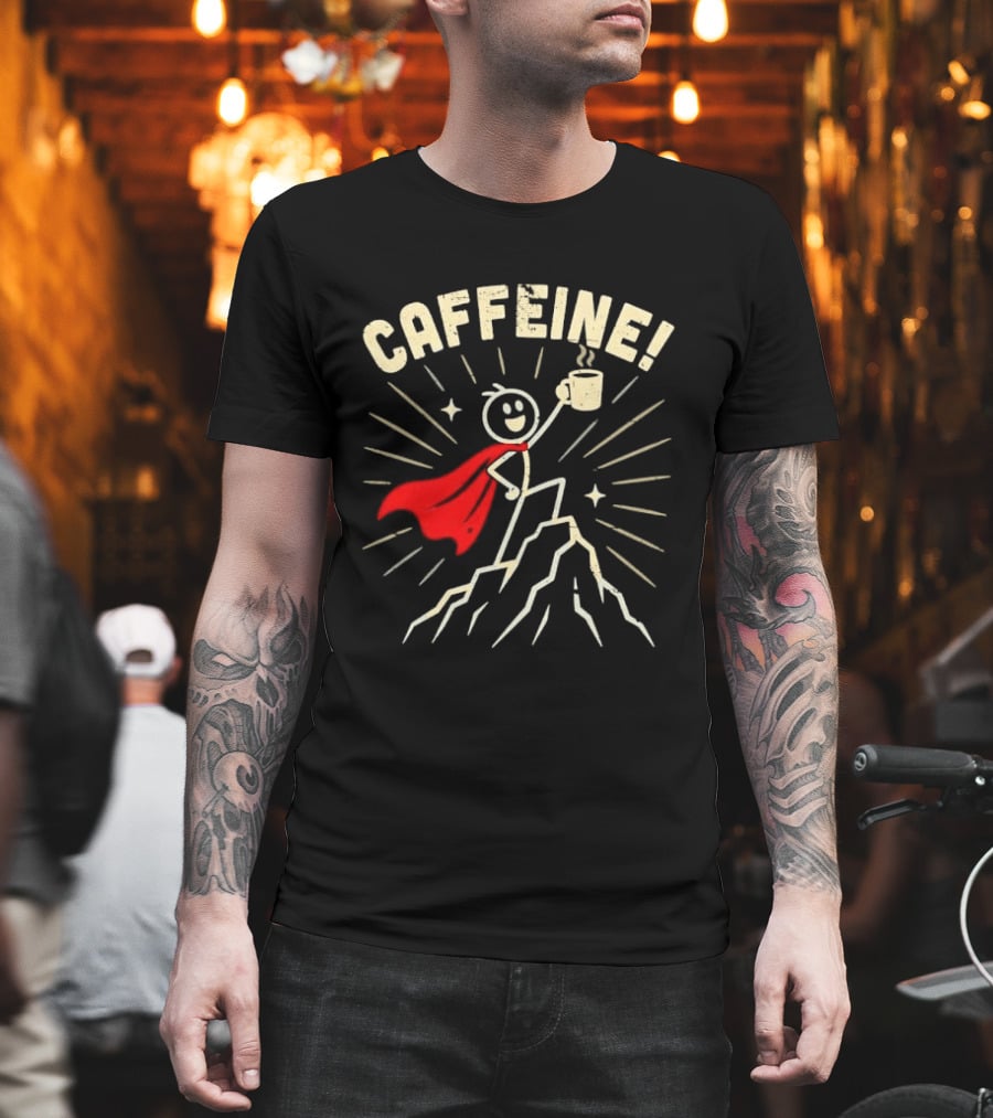 Caffeine Distressed Stick Figure Superhero Holding Coffee On Mountain Peak T-Shirt