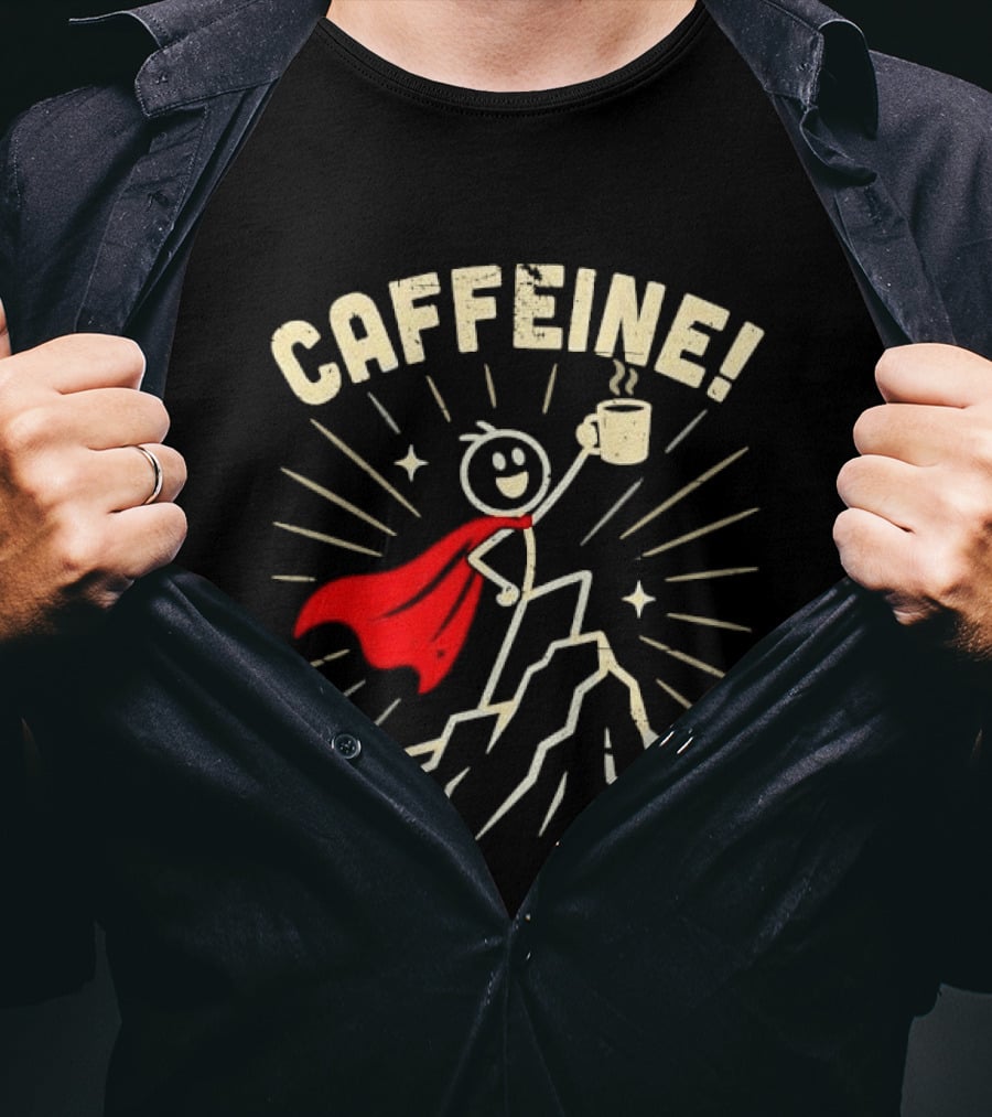 Caffeine Distressed Stick Figure Superhero Holding Coffee On Mountain Peak T-Shirt
