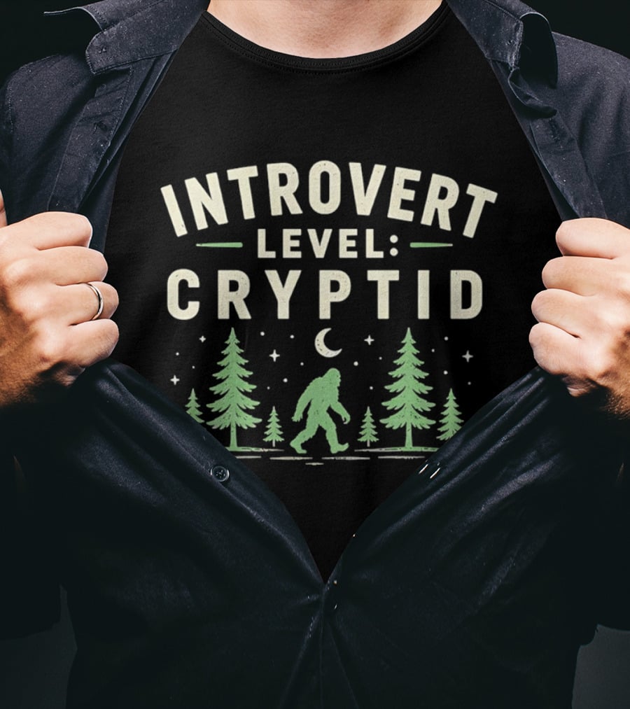 Introvert Level Cryptid Bigfoot Forest Moon Night Scene T-Shirt