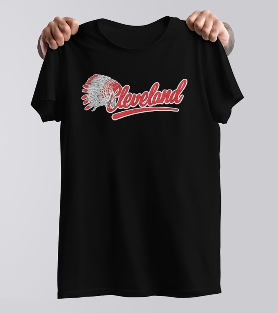 Cleveland Native American Feather Headdress Distressed Script T-Shirt