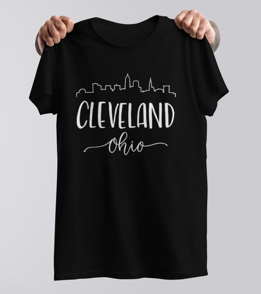 Cleveland Ohio Skyline Buildings White Script T-Shirt