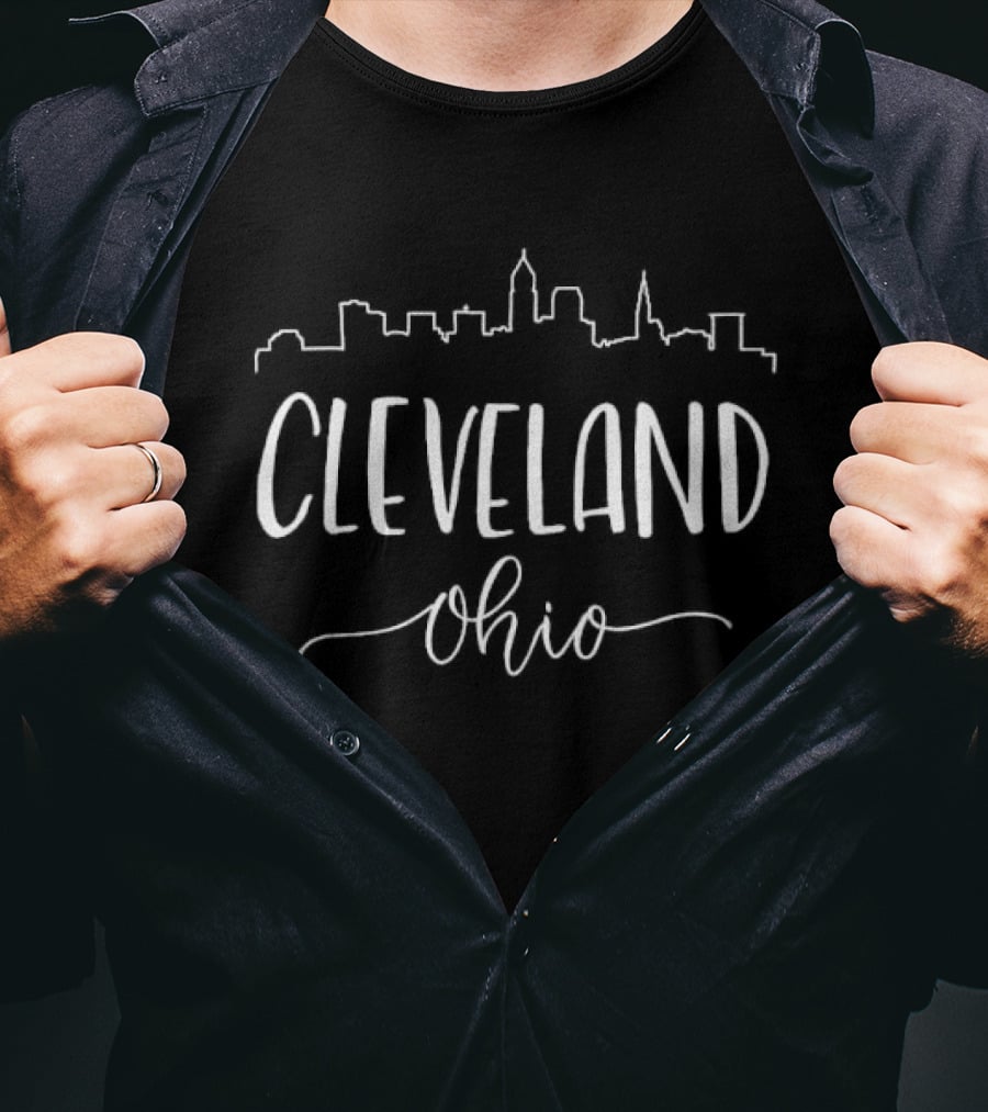 Cleveland Ohio Skyline Buildings White Script T-Shirt