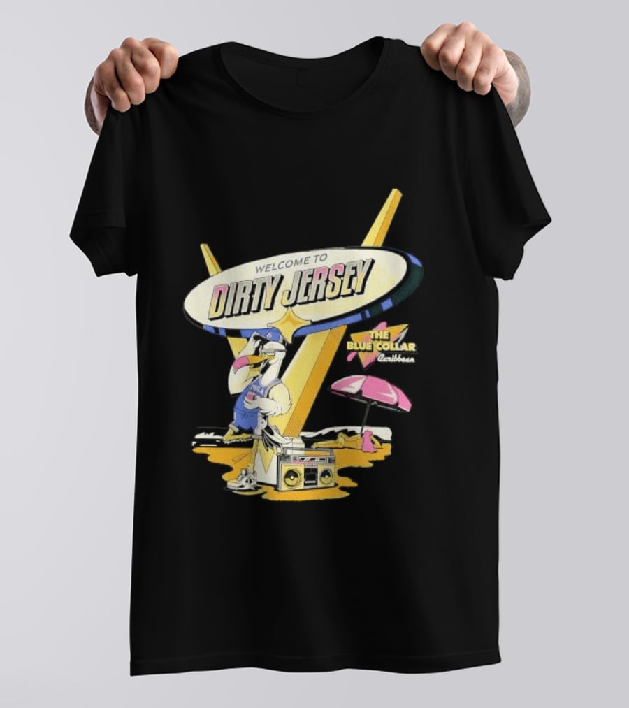 Philadelphia 76ers Welcome To Dirty Jersey Blue Collar Caribbean Cartoon Seagull Beach Boombox T-Shirt