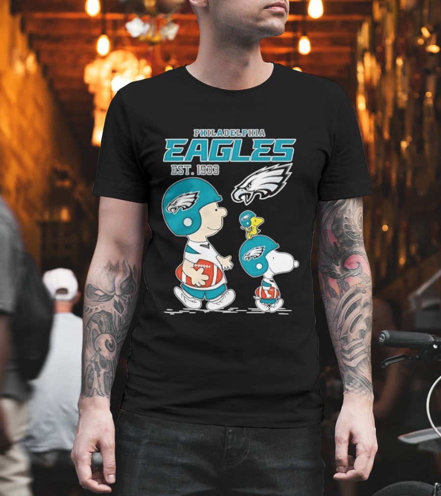 Philadelphia Eagles Est 1933 Cartoon Boy Dog Helmets Footballs T-Shirt