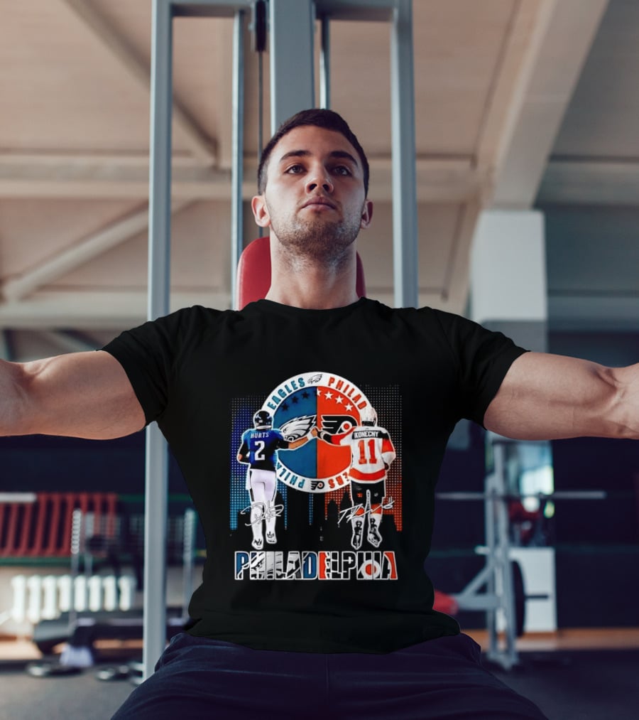 Philadelphia Eagles Flyers Hurts Konecny Fist Bump Split Crest Skyline T-Shirt
