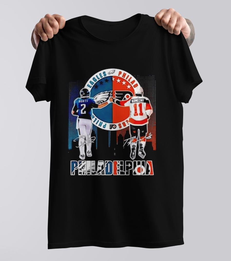 Philadelphia Eagles Flyers Hurts Konecny Fist Bump Split Crest Skyline T-Shirt