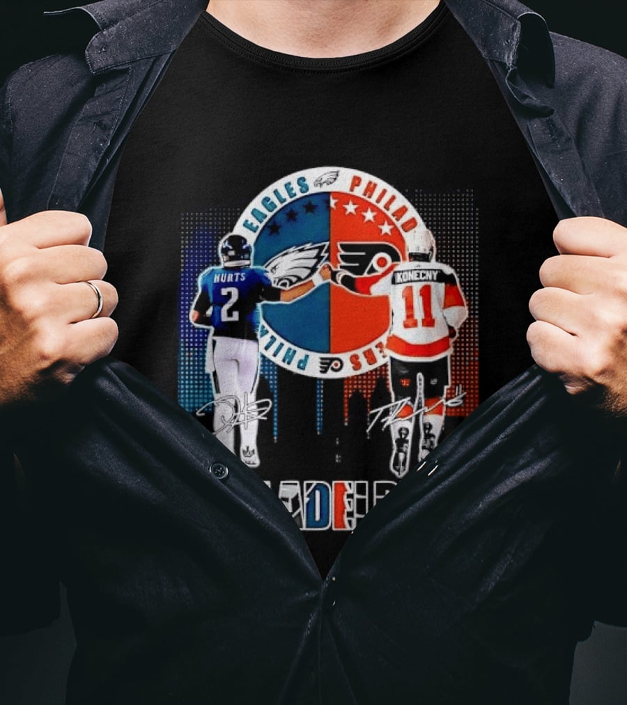 Philadelphia Eagles Flyers Hurts Konecny Fist Bump Split Crest Skyline T-Shirt