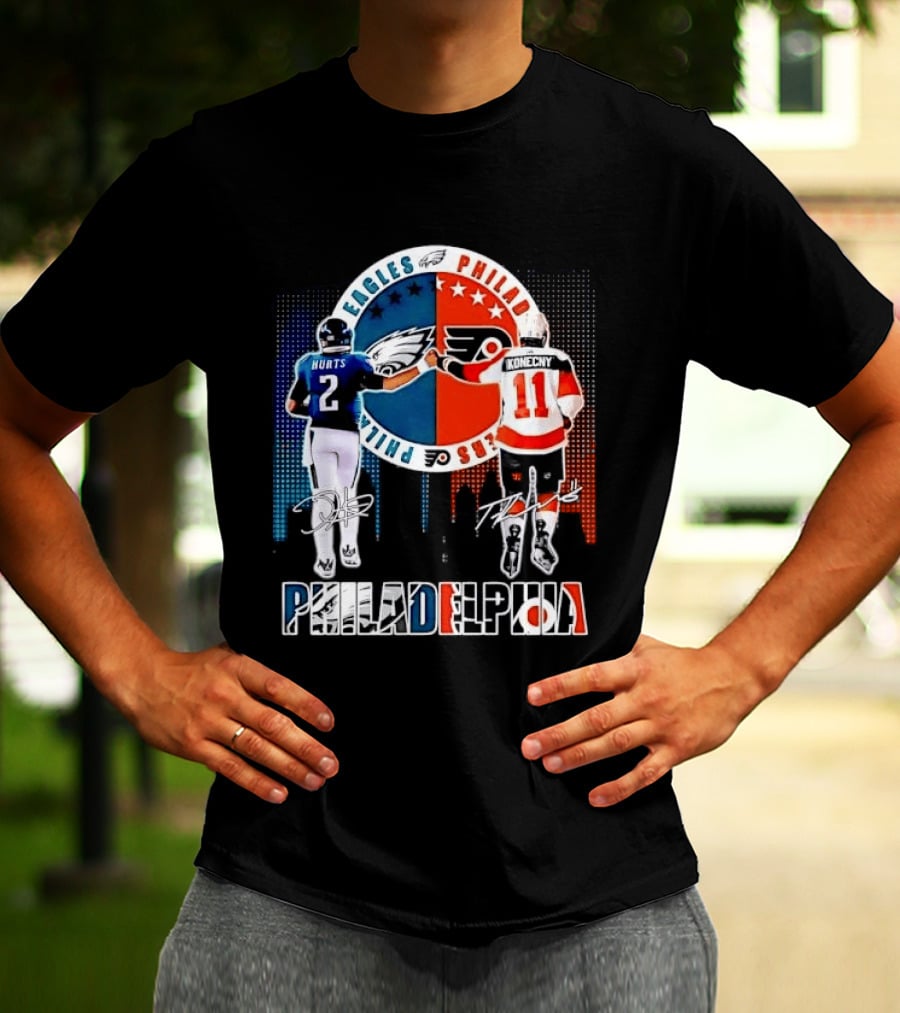 Philadelphia Eagles Flyers Hurts Konecny Fist Bump Split Crest Skyline T-Shirt