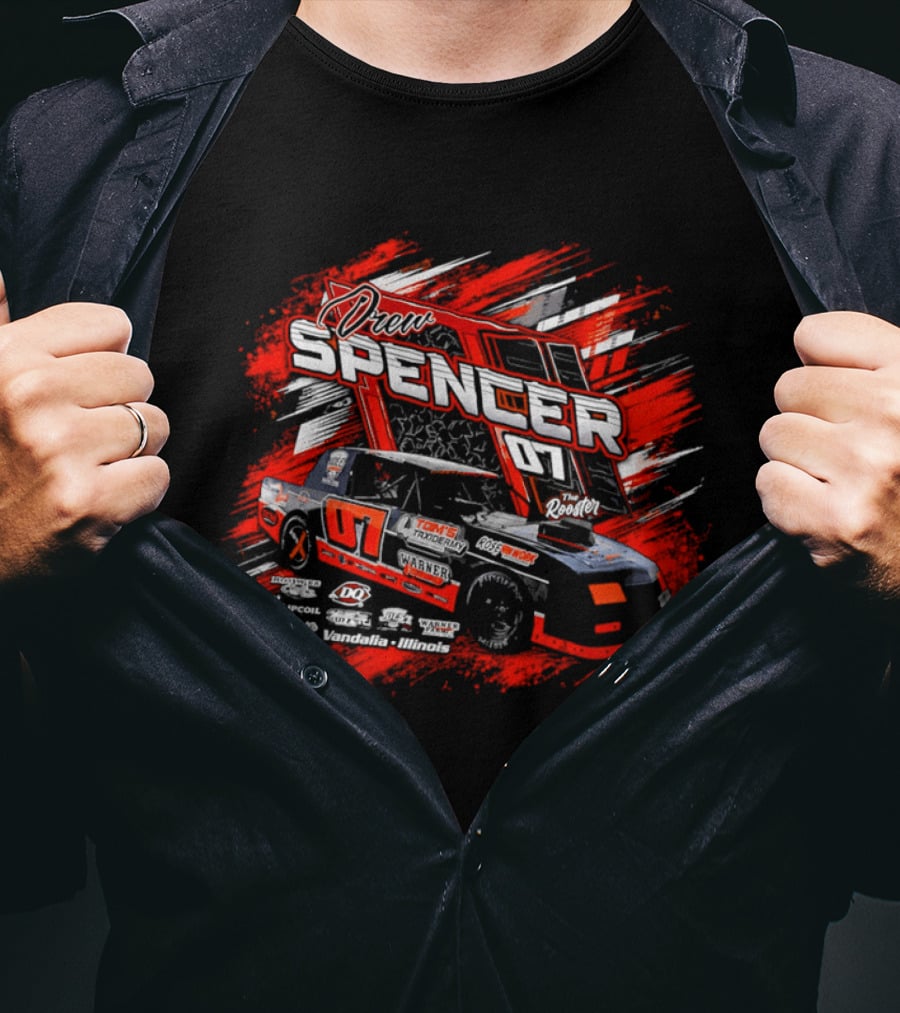 Drew Spencer 07 The Rooster Tom's Taxidermy Vandalia Illinois Racing Car T-Shirt