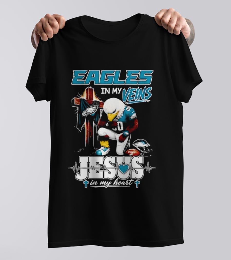 Eagles In My Veins Jesus In My Heart Kneeling Cross Football Helmet T-Shirt