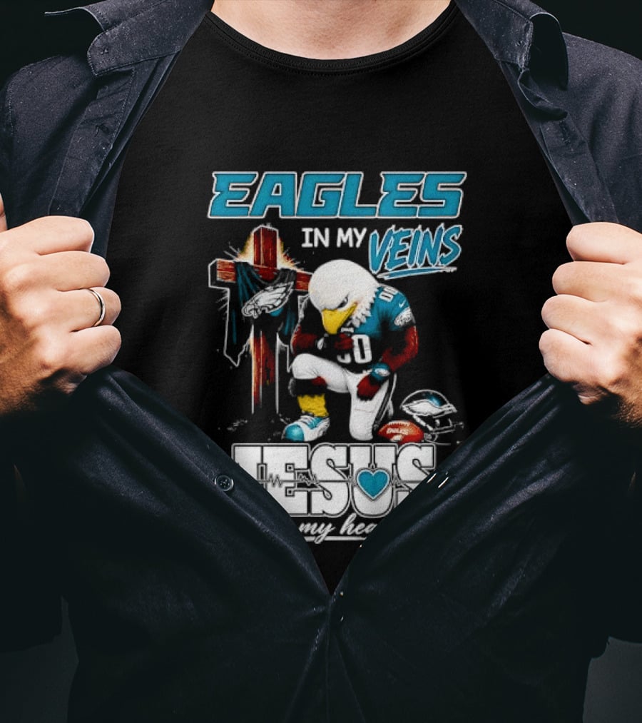 Eagles In My Veins Jesus In My Heart Kneeling Cross Football Helmet T-Shirt