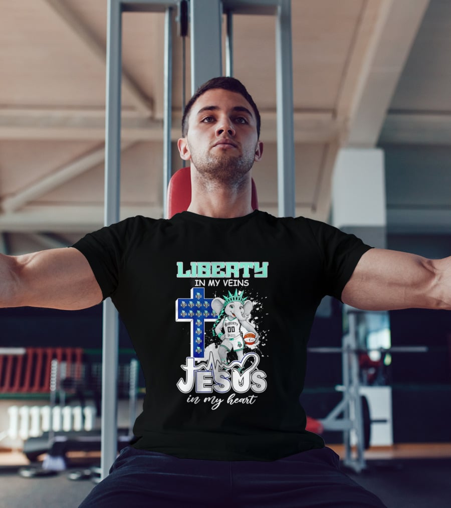 Liberty In My Veins Jesus In My Heart New York Liberty Elephant Basketball Cross T-Shirt