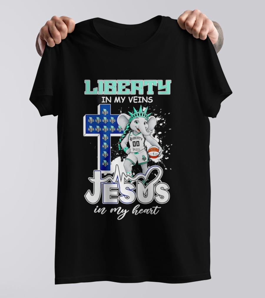 Liberty In My Veins Jesus In My Heart New York Liberty Elephant Basketball Cross T-Shirt