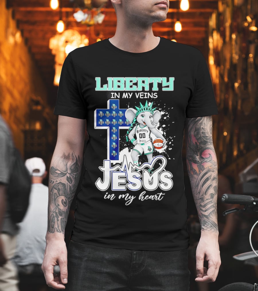 Liberty In My Veins Jesus In My Heart New York Liberty Elephant Basketball Cross T-Shirt