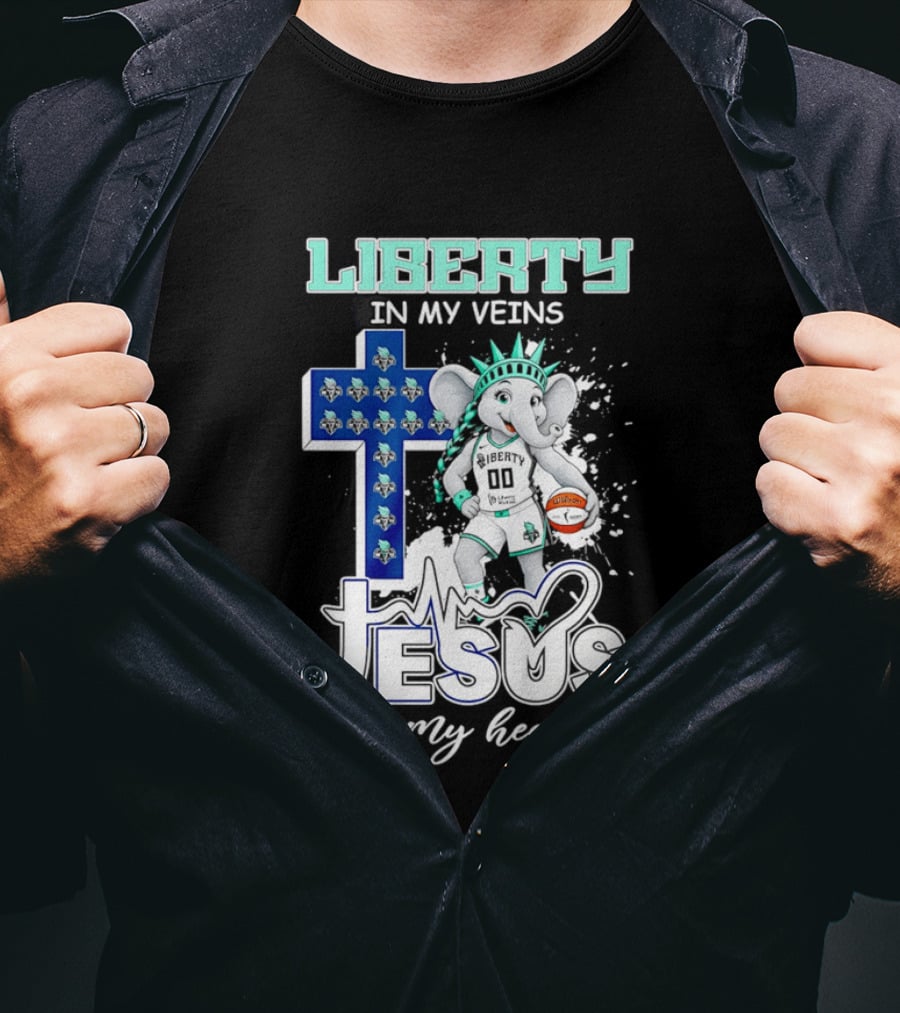 Liberty In My Veins Jesus In My Heart New York Liberty Elephant Basketball Cross T-Shirt