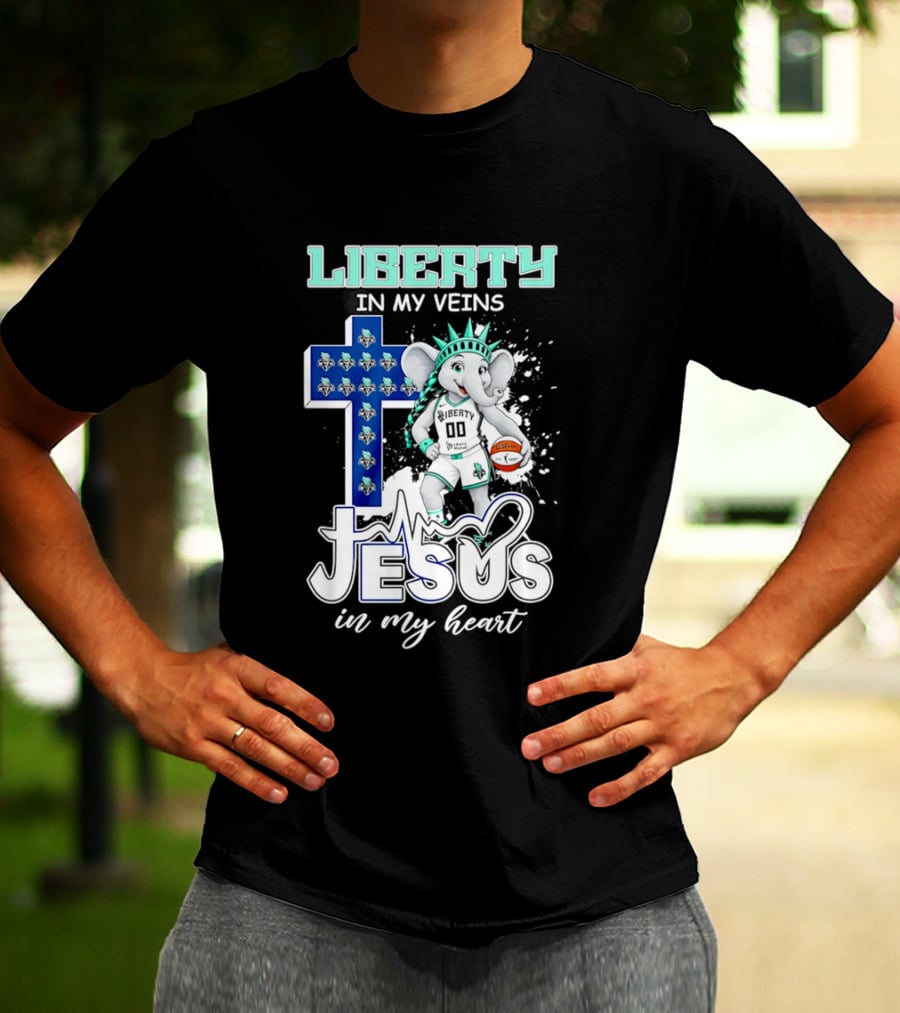 Liberty In My Veins Jesus In My Heart New York Liberty Elephant Basketball Cross T-Shirt