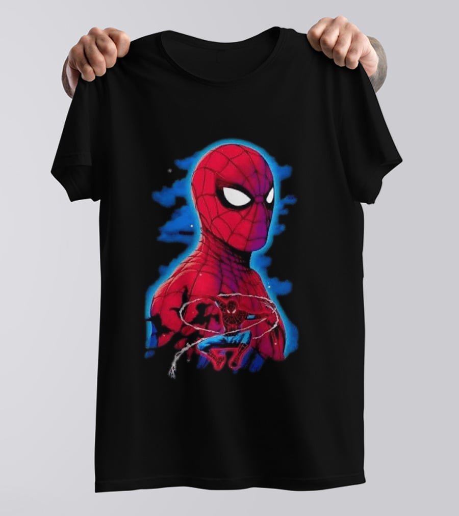 Marvel Spider Man Bust Crouching Web Action Silhouette Clouds T-Shirt