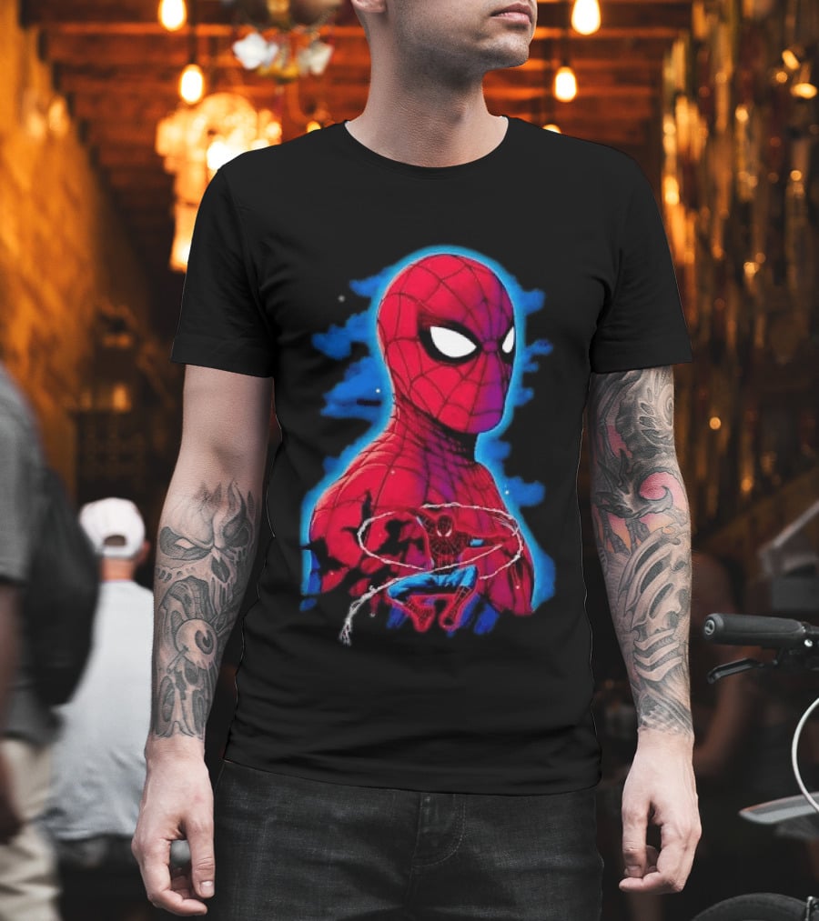 Marvel Spider Man Bust Crouching Web Action Silhouette Clouds T-Shirt