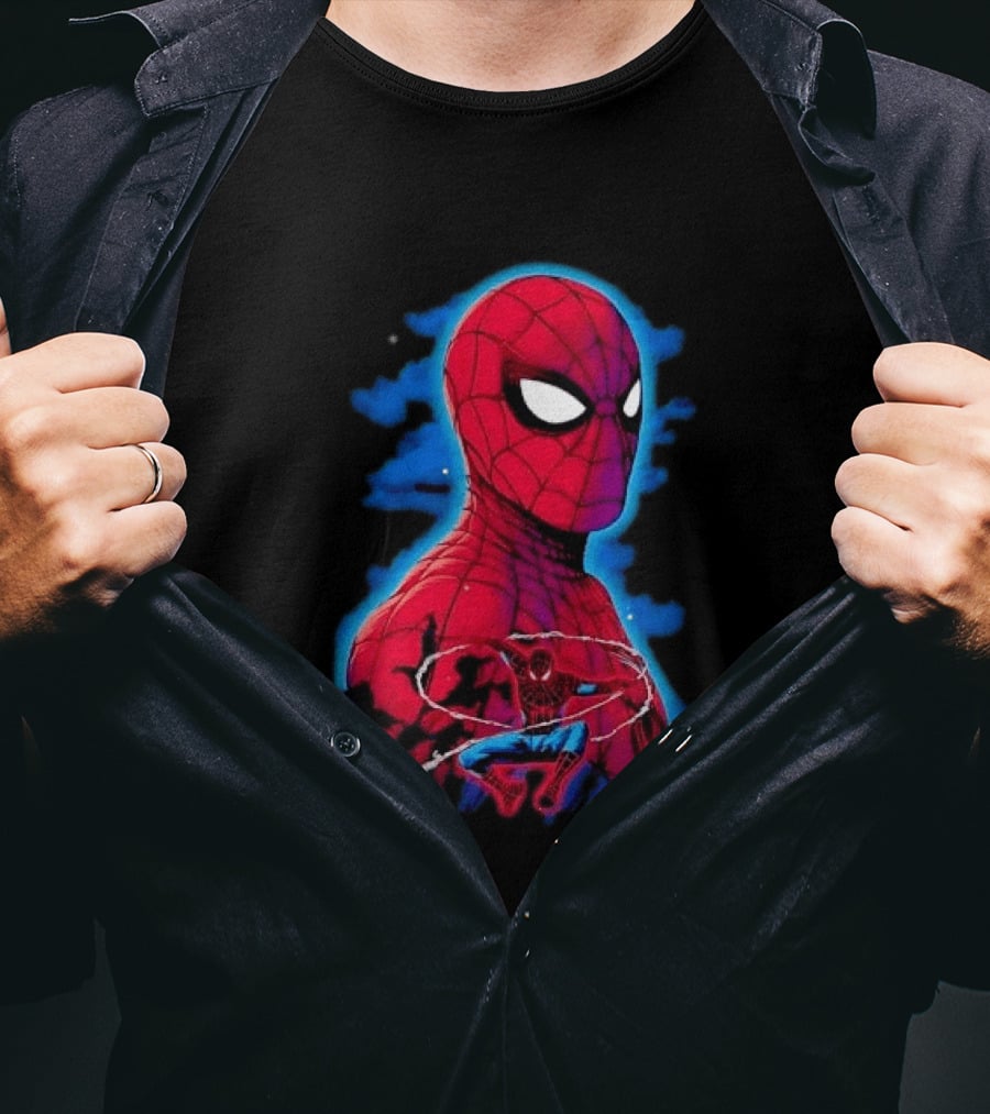 Marvel Spider Man Bust Crouching Web Action Silhouette Clouds T-Shirt